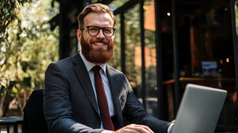 Un homme barbu en costume, souriant, assis devant un ordinateur portable à l'extérieur