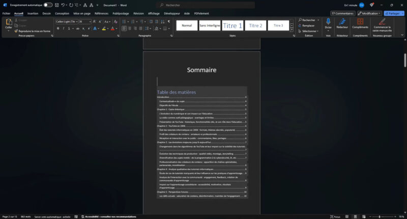 Capture d'écran montrant un sommaire généré automatiquement dans un document Word