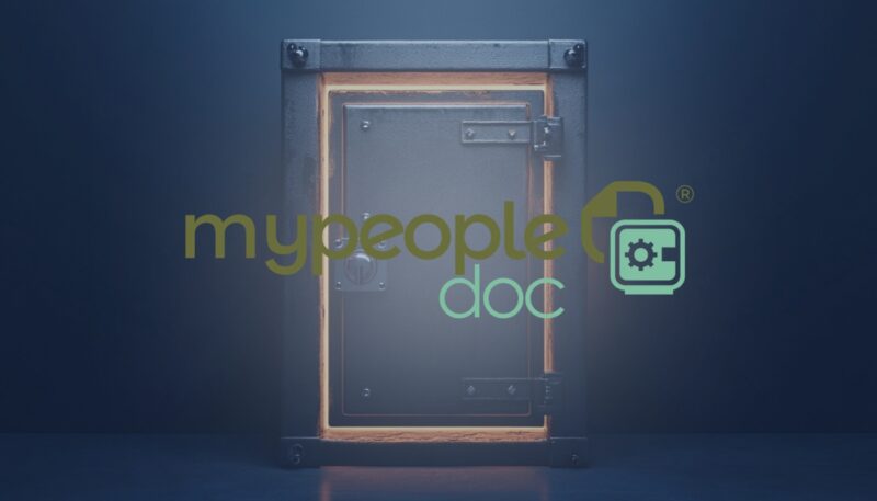 Un coffre-fort illuminé avec le logo Mypeopledoc superposé