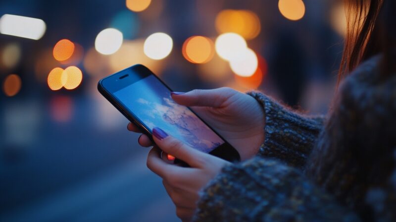 Une femme tenant un smartphone, avec des lumières de ville floues en arrière-plan