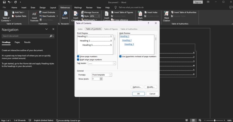 Fenêtre de Microsoft Word montrant les paramètres de personnalisation pour une table des matières automatique