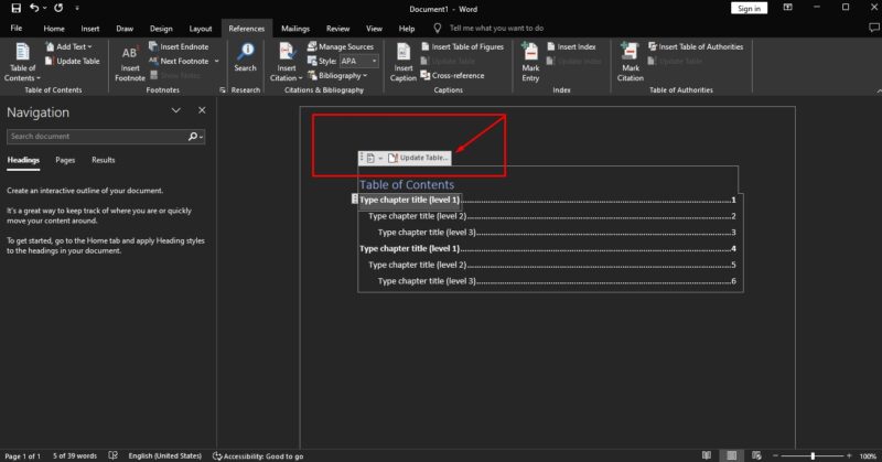 Interface Microsoft Word montrant l'option de mise à jour de la table des matières sous l'onglet Références