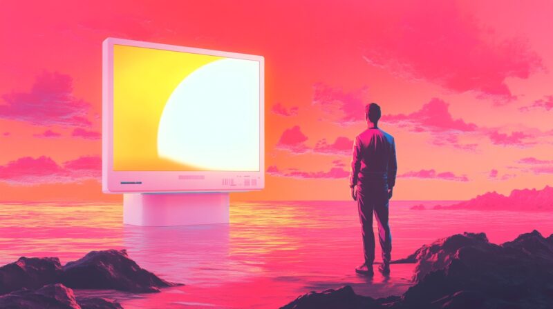 Un homme regarde un immense écran lumineux surplombant une mer rose dans un paysage futuriste